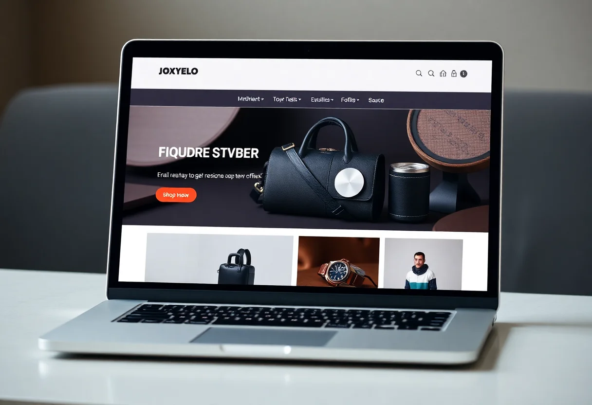 A sleek and modern e-commerce website for luxury goods displayed on a laptop screen.