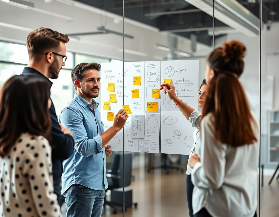 A team of designers collaborating on a branding project with sticky notes and sketches on a glass wall.
